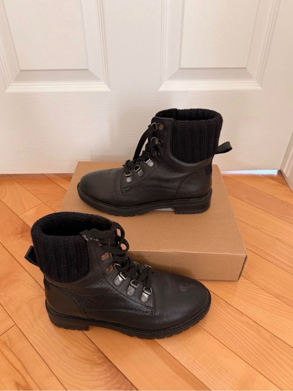 Cougar Black Leather Lace-Up Knit Ankle Boots